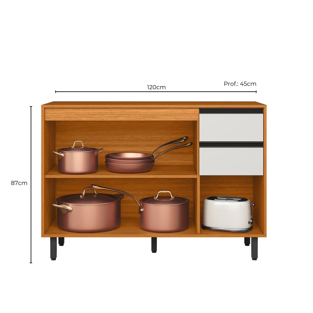 Balcão Poliman Ravena 120cm 3 Portas 2 Gavetas Tampo 15mm Puxadores Pretos Freijó Off White Acetinado - 4