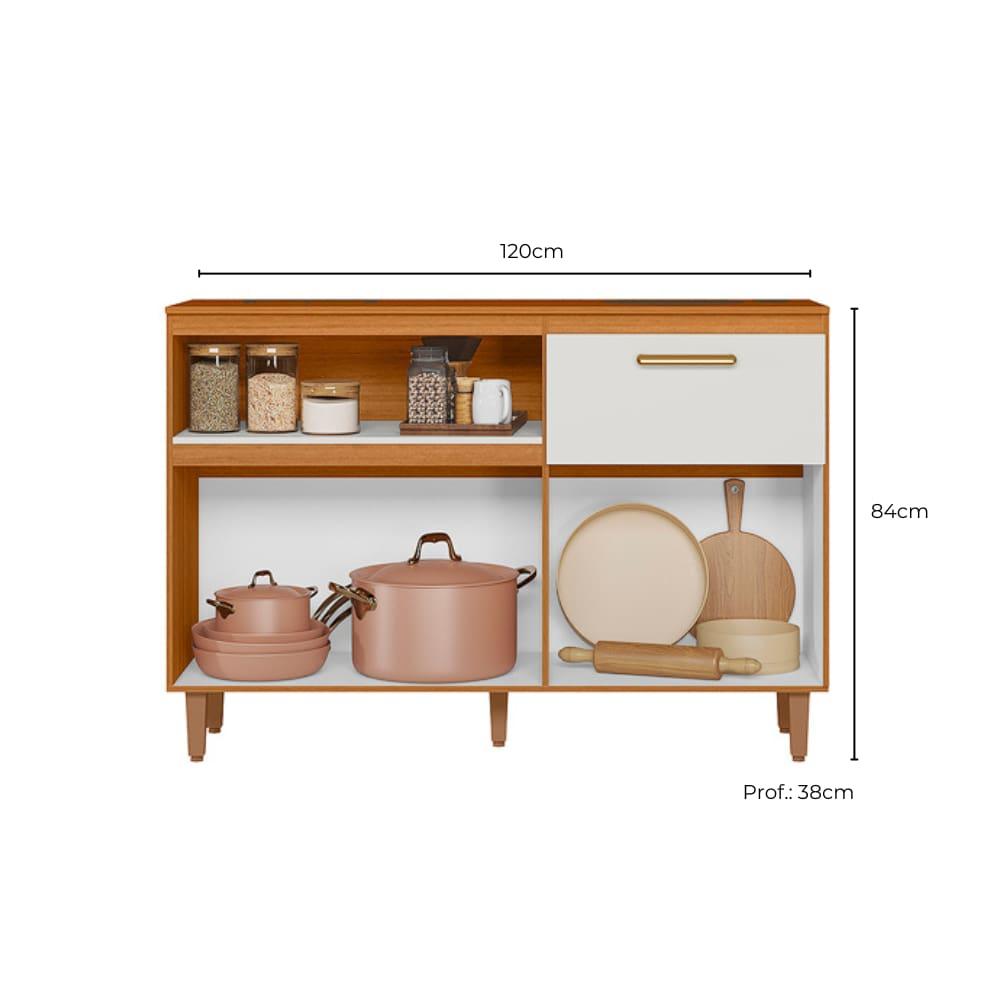 Balcão de Cozinha Poliman Sicília 120cm 3 Portas 1 Gaveta com Tampo Pés Reguláveis MDP Pintura UV Freijó Off White Acetinado - 4