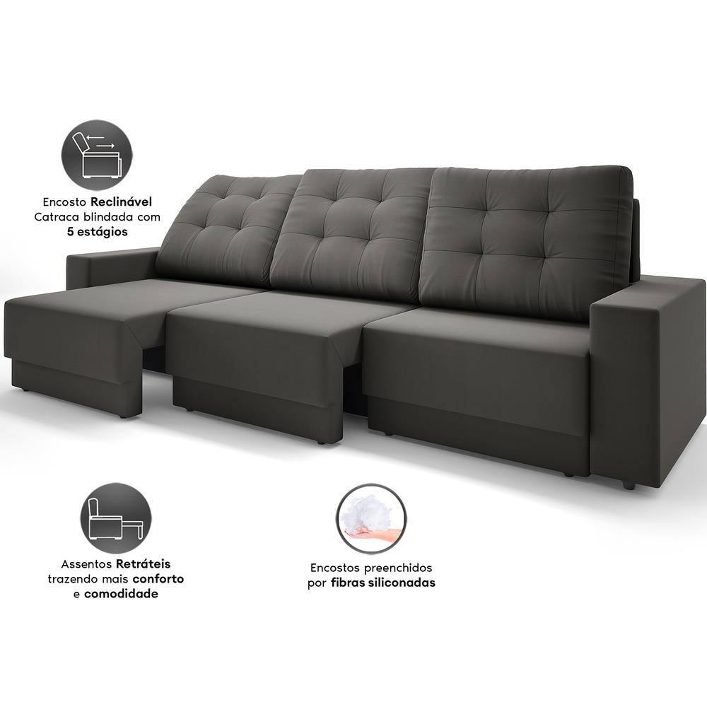 Sofá Retrátil 4 Lugares DDS Boston 230cm Velosuede Encosto Reclinável Braço Removível - 4