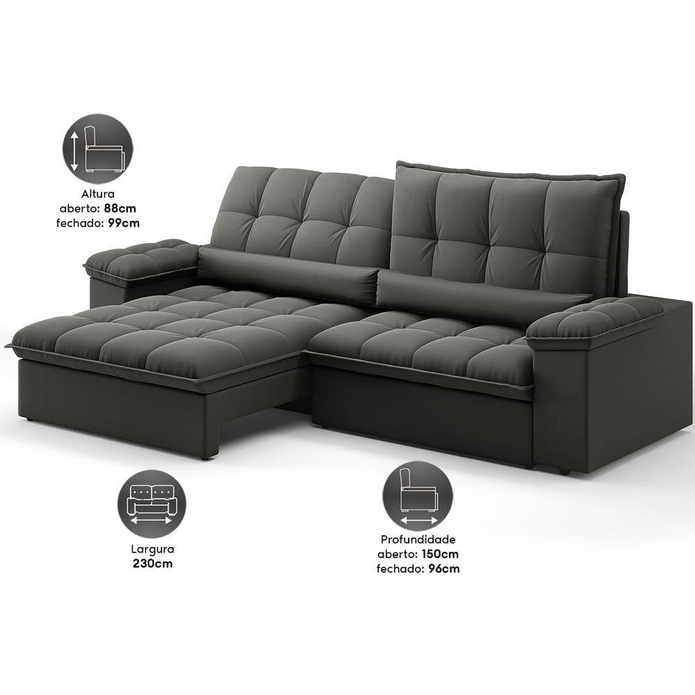 Sofá Retrátil 4 Lugares DDS Sofá Sideral 230cm Molas Bonnel Velosuede Encosto Reclinável Braço Removível - 2