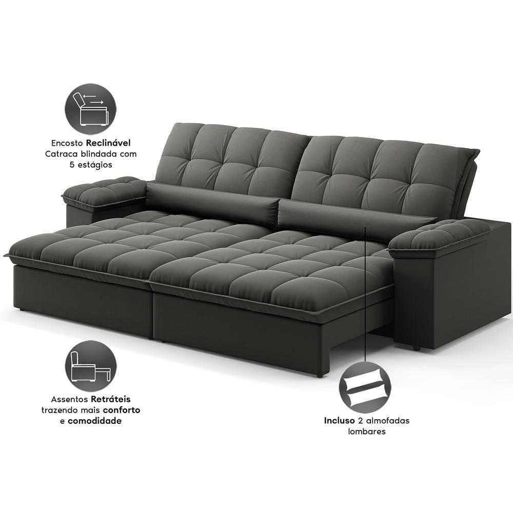 Sofá Retrátil 4 Lugares DDS Sofá Sideral 230cm Molas Bonnel Velosuede Encosto Reclinável Braço Removível - 4