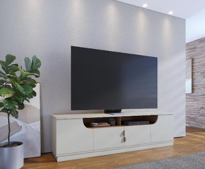 Rack Bancada para TV até 75” Santorini 2.0 4 Portas 2 Nichos Tampo 25mm Puxador Dourado Fosco