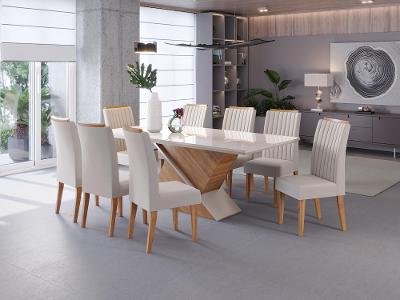 Conjunto Mesa de Jantar Viero Atlantis 200x90cm 8 Cadeiras Estofadas Tampo de Vidro Revestimento em Veludo