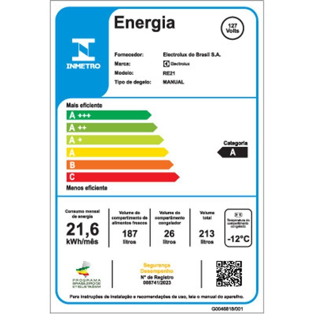 Geladeira Electrolux RE21 213L 1 Porta com Freezer Degelo Manual Iluminação LED Branca - 6