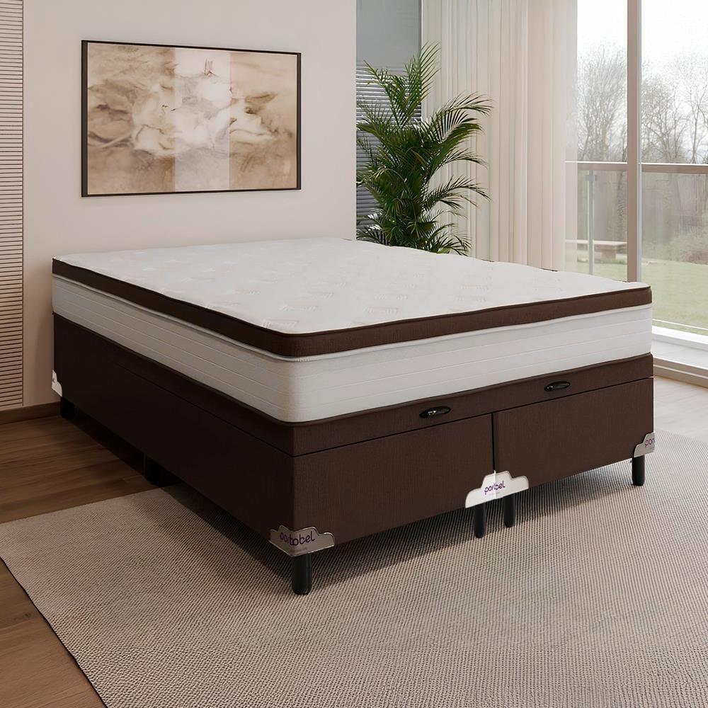 Cama Box King Size Portobel Noah 70x196x203 Colchão com Molas Ensacadas Box Baú Tecido Poliéster Marrom - 1