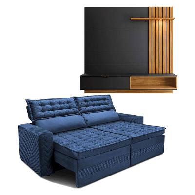 Painel Home Suspenso Colibri Tocantins Ideal para TV de até 60", Preto Fosco/Noce Milano + Sofá 4 Lugares Cama inBox Cielo Retrátil - 230cm de largura