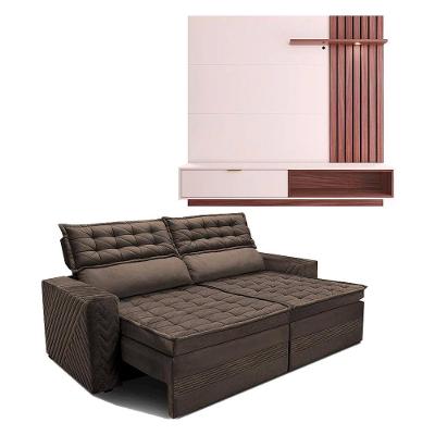 Painel Home Suspenso Colibri Tocantins Ideal para TV de até 60", Off White/Nogueira Real + Sofá 4 Lugares Cama inBox Cielo Retrátil - 230cm de largura