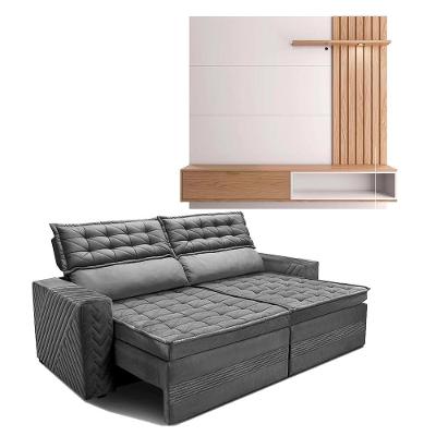 Painel Home Suspenso Colibri Tocantins Ideal para TV de até 60", Off White/Freijó + Sofá 4 Lugares Cama inBox Cielo Retrátil - 230cm de largura