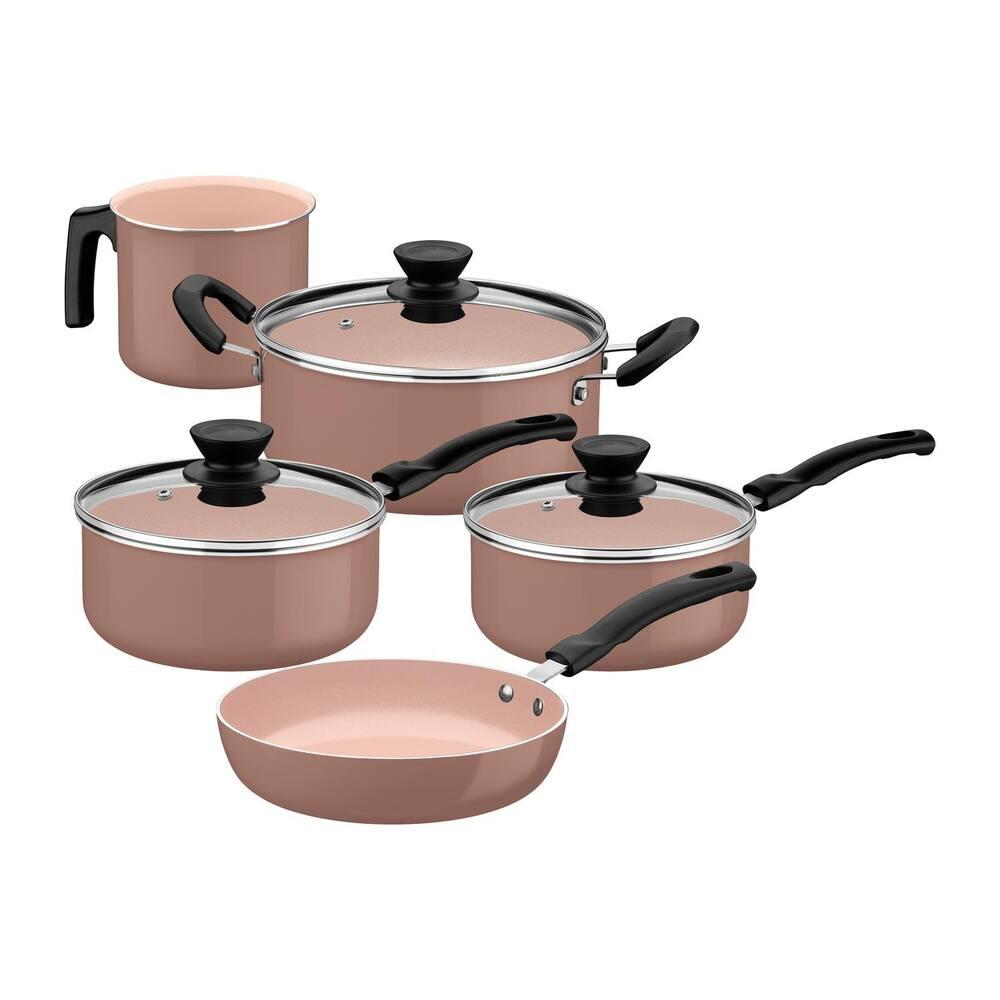 Jogo de Panelas Tramontina Évora 5 Peças Revestimento Cerâmico Tampas de Vidro Capuccino - 1