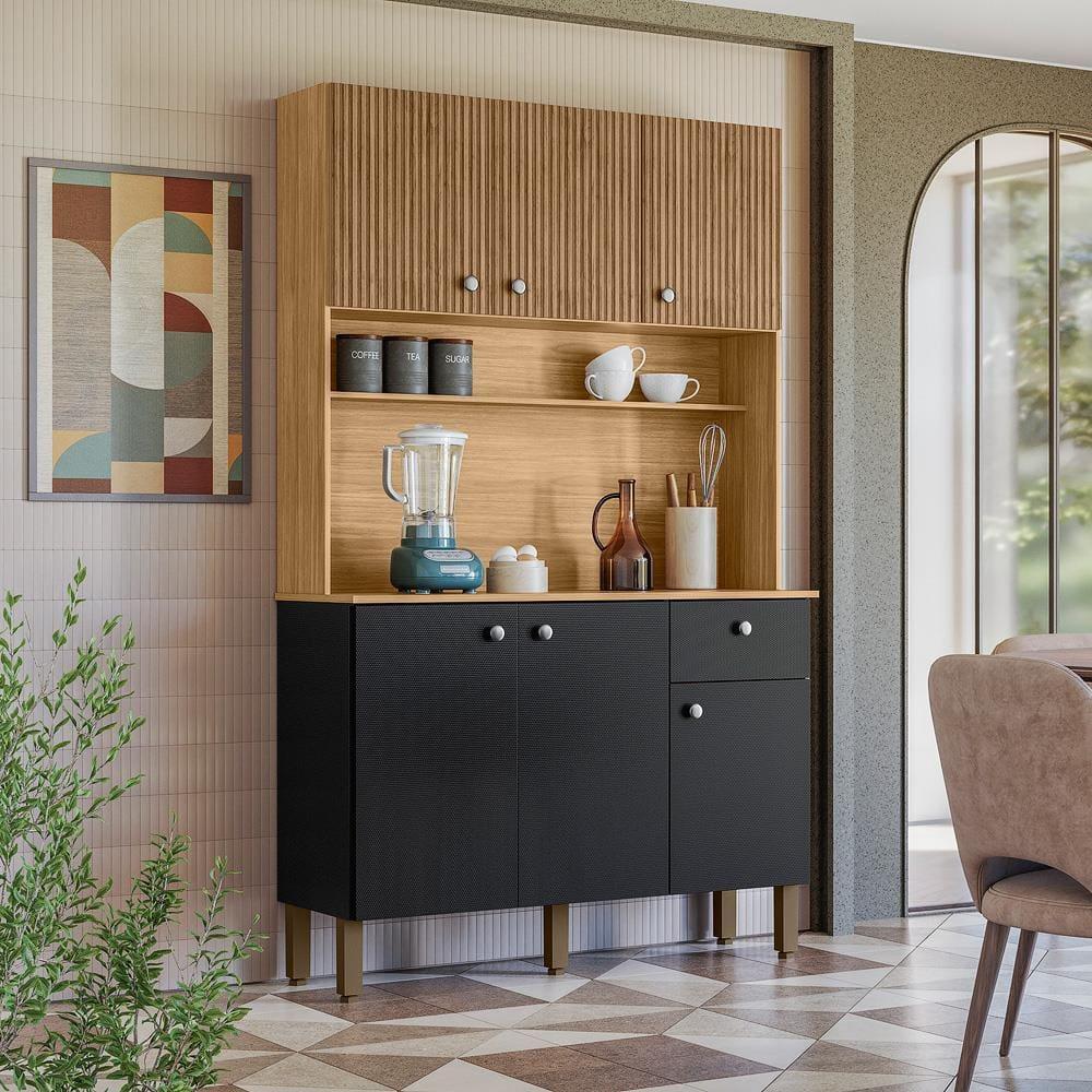 Cozinha Compacta Kits Paraná Style 6 Portas 1 Gaveta Ripado Freijó Puxador Inox Pés Reguláveis - 1