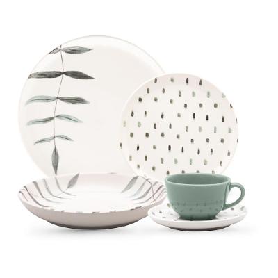 Aparelho de Jantar Oxford Samambaia 20 Peças Cerâmica Esmaltada Verde e Off White