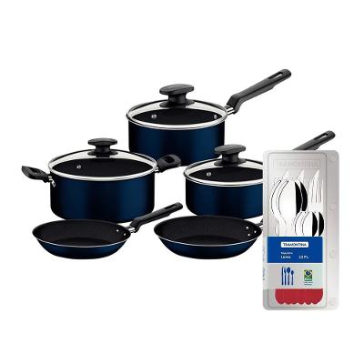 Conjunto de Panelas 5 Peças Tramontina Ravena Starflon Max Azul + Faqueiro 12 Peças Tramontina Leme Vermelho