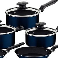 Conjunto de Panelas 5 Peças Tramontina Ravena Starflon Max Azul + Faqueiro 12 Peças Tramontina Leme Cinza