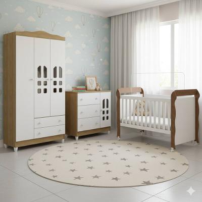 Quarto de Bebê Completo Carolina Baby com Berço Mini-Cama Mirelle Cômoda Eloá e Guarda-Roupa Eloá