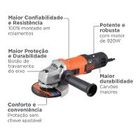 Esmerilhadeira Angular 4 1/2" Black+Decker G720X 920W 11.000 RPM 3 Posições Laranja e Preta