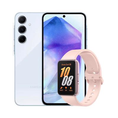 Smartphone Samsung Galaxy A55 5G Azul Claro 256GB, 8GB RAM, Câmera Tripla Traseira de até 50MP e Tela Super AMOLED 6.6" + Galaxy Fit3 Rose