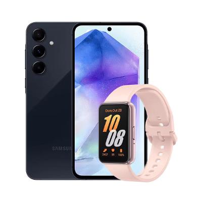Smartphone Samsung Galaxy A55 5G Azul Escuro 256GB, 8GB RAM, Câmera Tripla Traseira de até 50MP e Tela Super AMOLED 6.6" + Galaxy Fit3 Rose