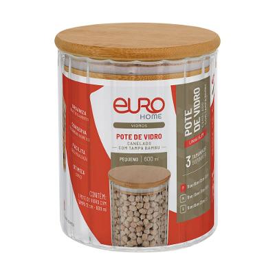 Pote Redondo Canelado Slim Euro Home Vidro Borossilicato com Tampa de Bambu 600?ml