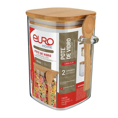 Pote Quadrado Slim Euro Home Vidro Borossilicato com Tampa de Bambu 1,1L
