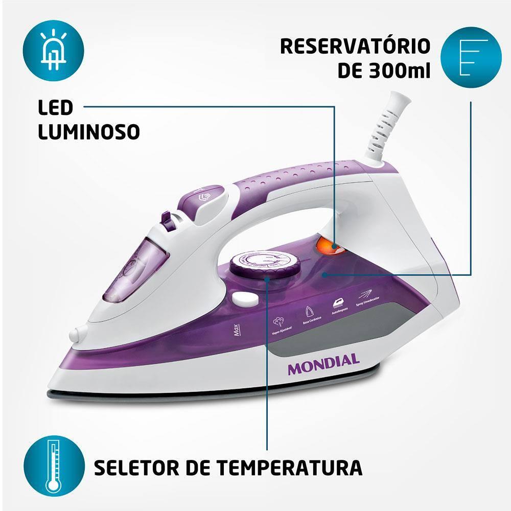 Ferro de Passar a Vapor Mondial Ceramic Express F-40 com Spray e Base Cerâmica - Branco/Roxo - 5