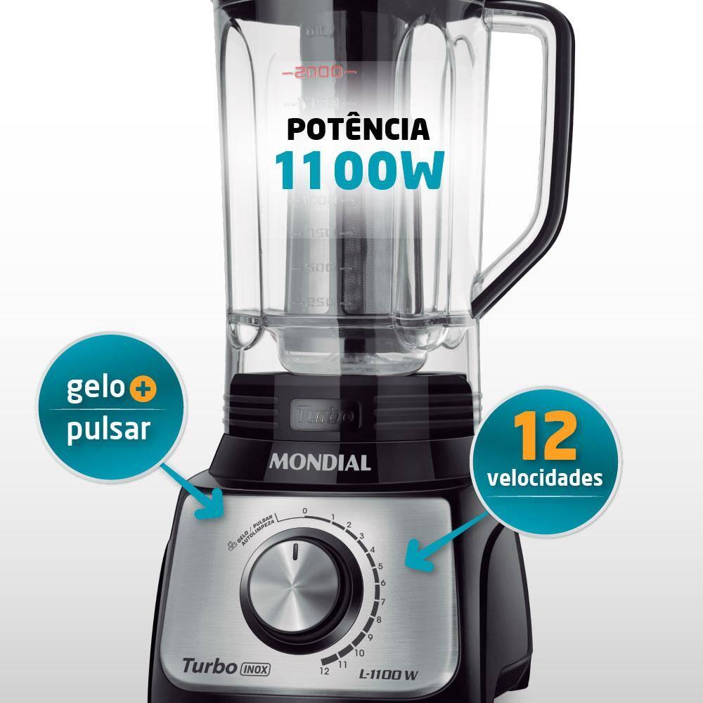 Liquidificador Mondial Turbo L-1100 3L 1100W 12 Velocidades Preto/Inox - 2