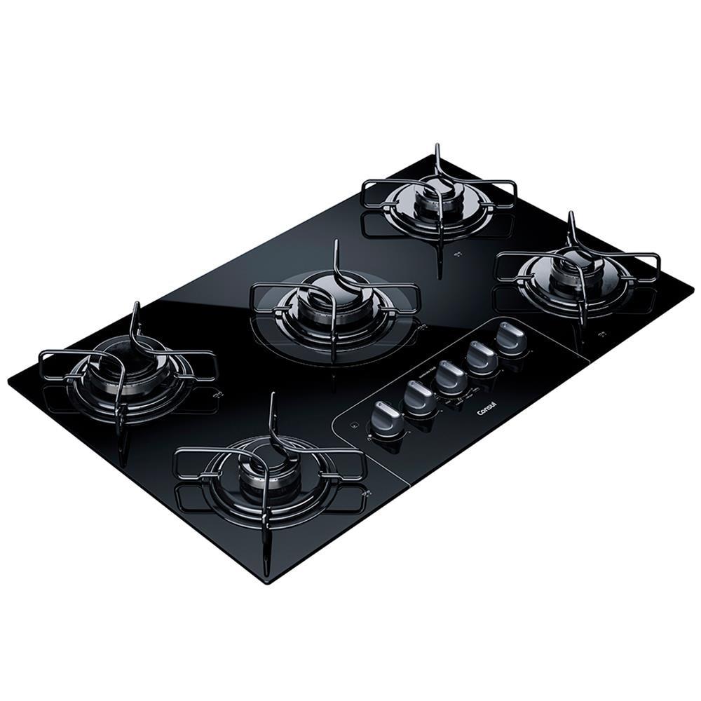 Cooktop a Gás 5 Bocas Consul CD075AE Vidro Temperado Preto Acendimento Automático Bivolt Preto - 1