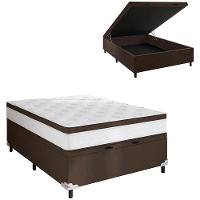 Cama Box de Casal Portobel Noah Baú 70x138x188cm Molas Ensacadas Ortopédico Revestimento em Poliéster Branco e Marrom - 1