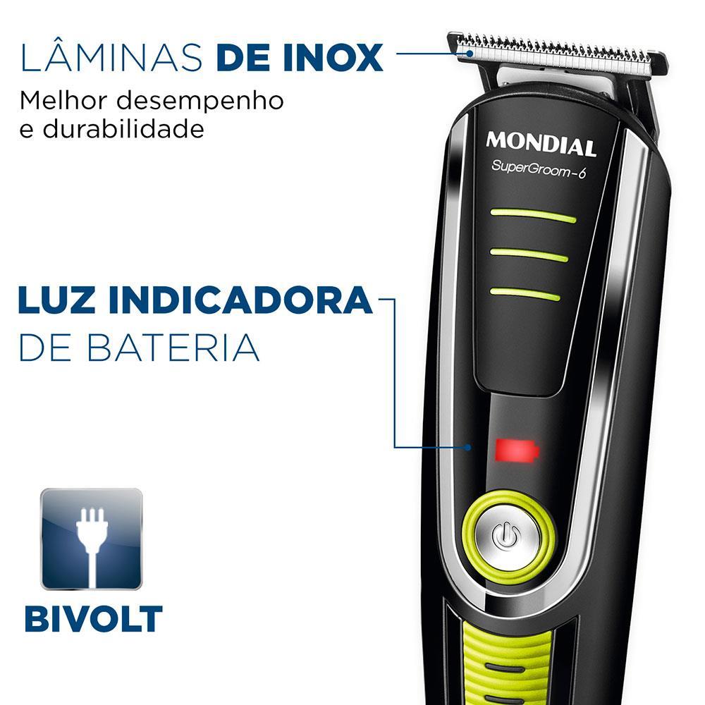 Aparador de Pelos Mondial Super Groom 6 em 1 BG-04 Sem Fio Preto/Verde - Bivolt - 5