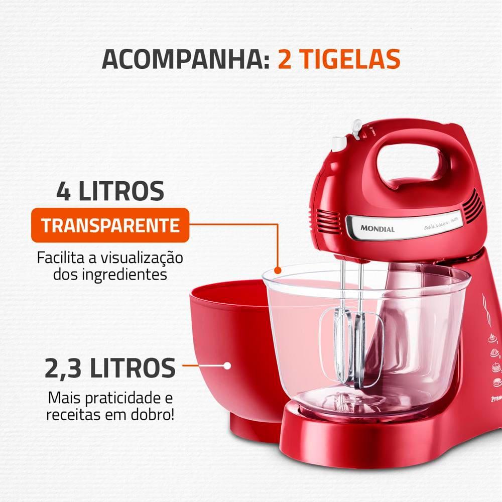 Batedeira Mondial Premium Vermelha Bella Massa Inox B-29 NP com 4 Velocidades e 500W - 3
