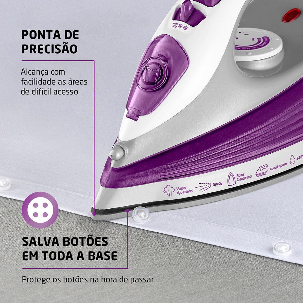 Ferro de Passar a Vapor Mondial FVN-01-P Spray e Base Cerâmica Diamante Branco/Roxo - 4