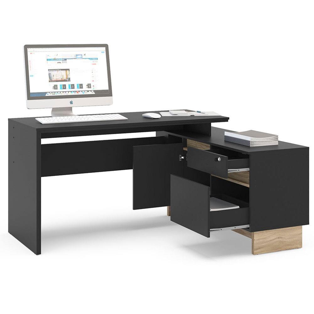 Mesa de Canto para Escritório Politorno Los Angeles com 1 Porta e 2 Gavetas - Preto/ Carvalho Claro - 2