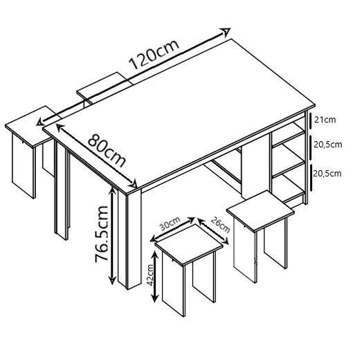 Mesa Retangular Nova Móbile Multi com 4 Bancos, Nicho e Prateleira - 4