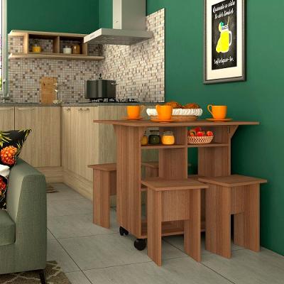 Mesa Retangular Nova Móbile Moove com 4 Bancos, Prateleira e Tampo Dobrável