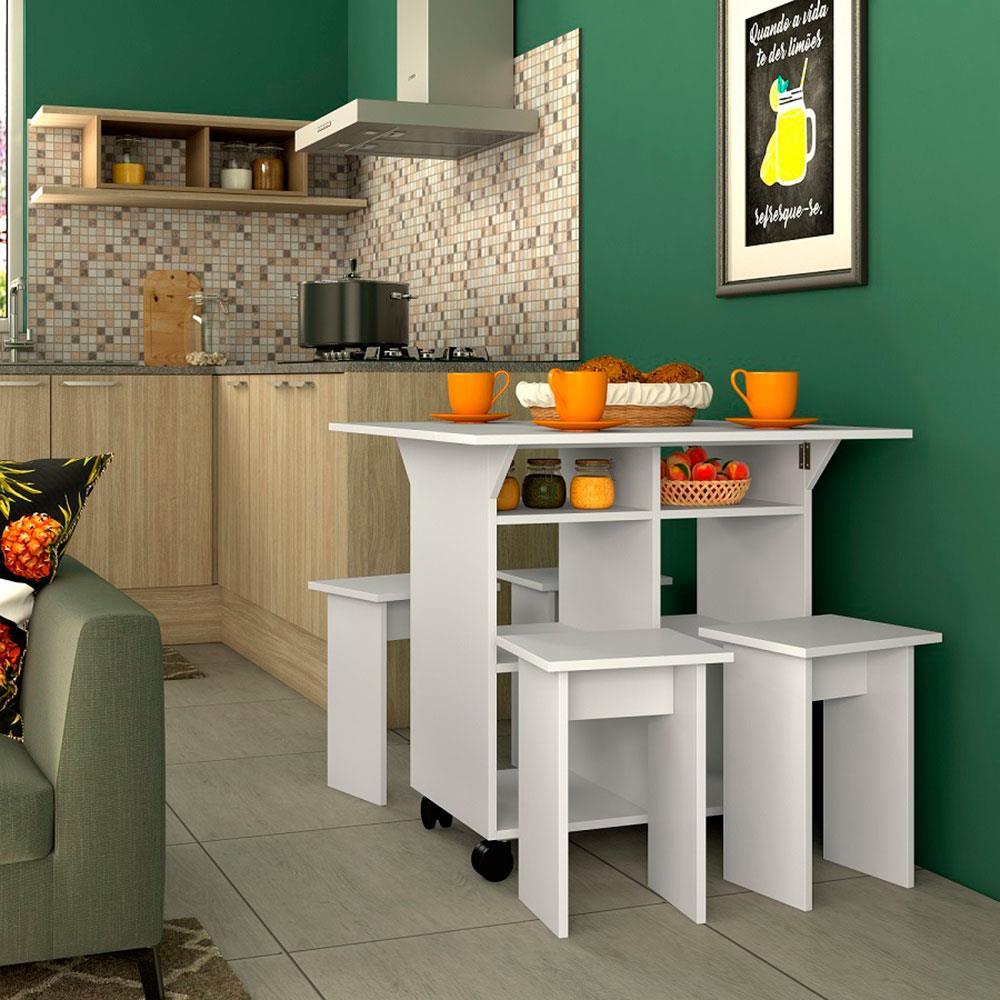 Mesa Retangular Nova Móbile Moove com 4 Bancos, Prateleira e Tampo Dobrável - 1