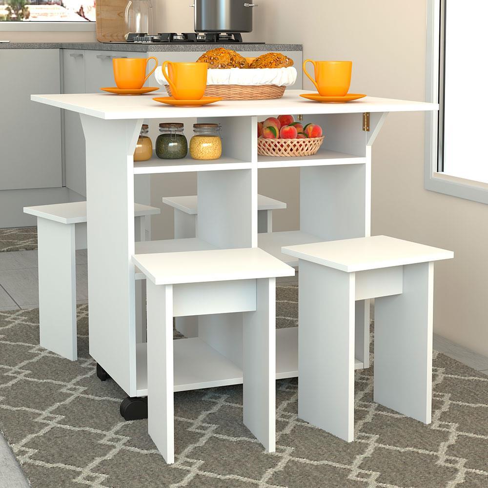 Mesa Retangular Nova Móbile Moove com 4 Bancos, Prateleira e Tampo Dobrável - 4