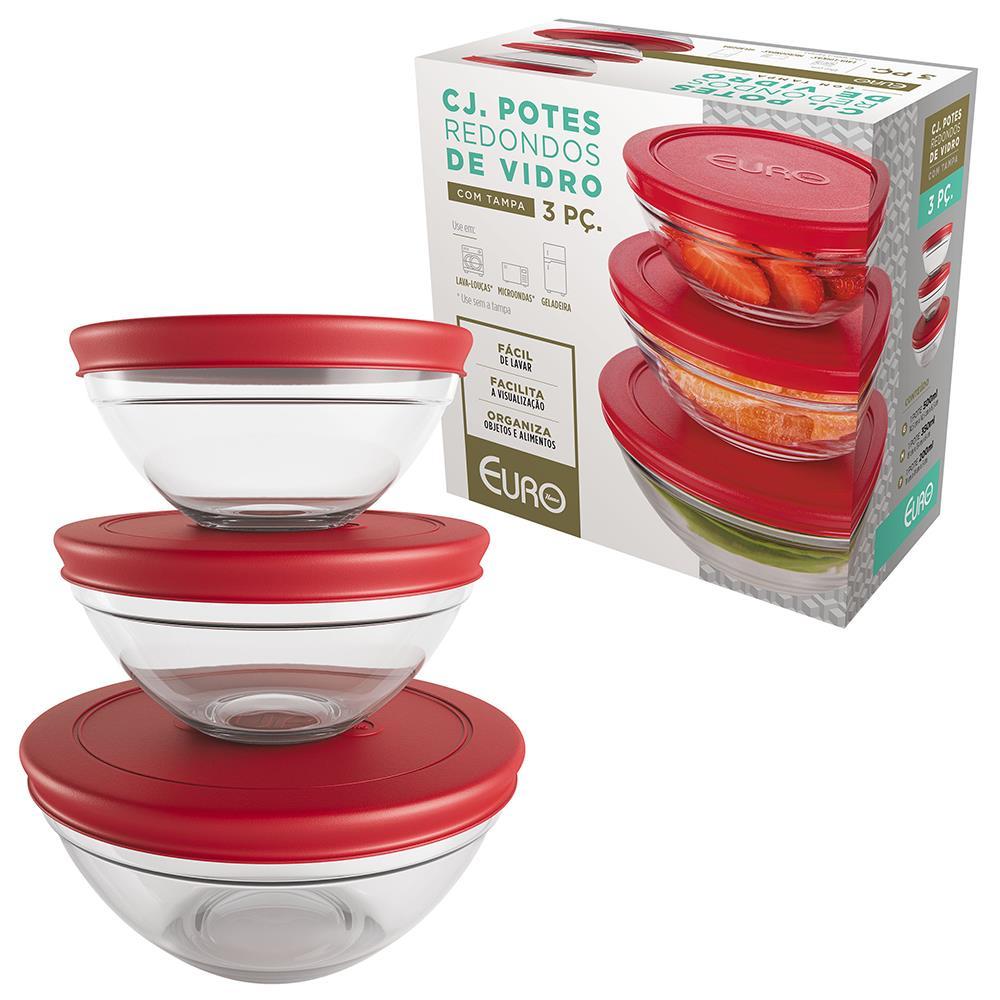 Conjunto de Potes Redondos 3 Peças Euro Home em Vidro com Tampa em Polietileno – Transparente/Vermelho - 3