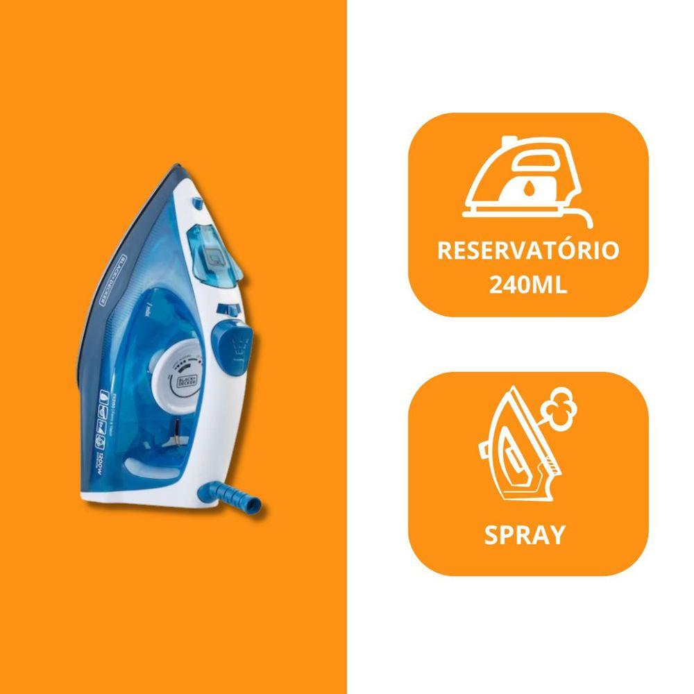 Ferro a Vapor Black+Decker 1200W Base Antiaderente Spray Branco e Azul 110V - 8