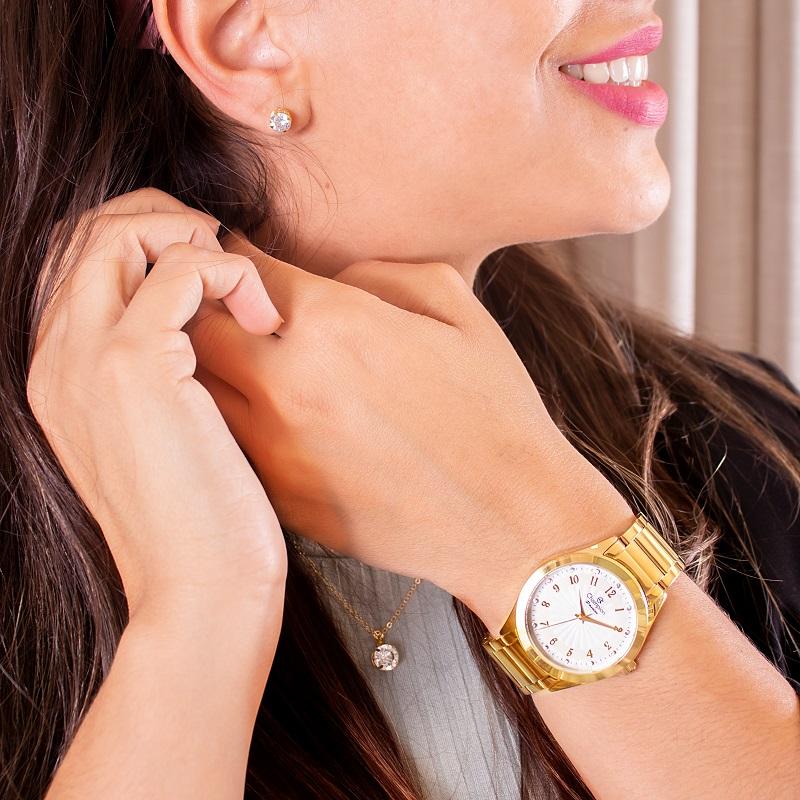 Relógio Feminino Dourado Champion Analógico Prova D'agua CN29409D Colar e Brincos - 3