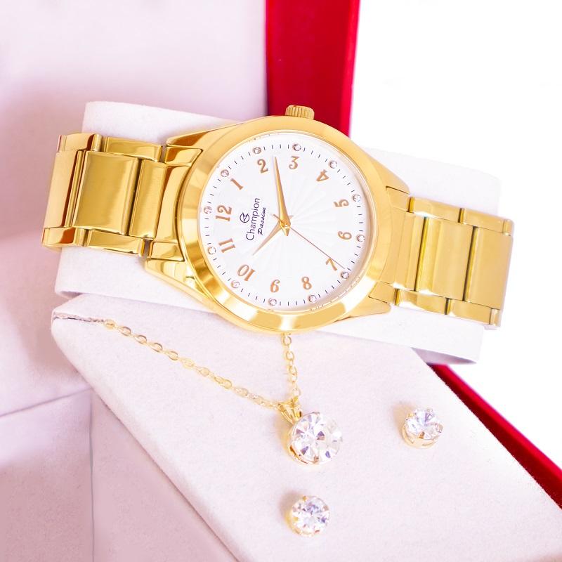 Relógio Feminino Dourado Champion Analógico Prova D'agua CN29409D Colar e Brincos - 6