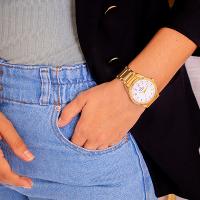 Relógio Feminino Dourado Champion Analógico Prova D'agua CN29409D Colar e Brincos