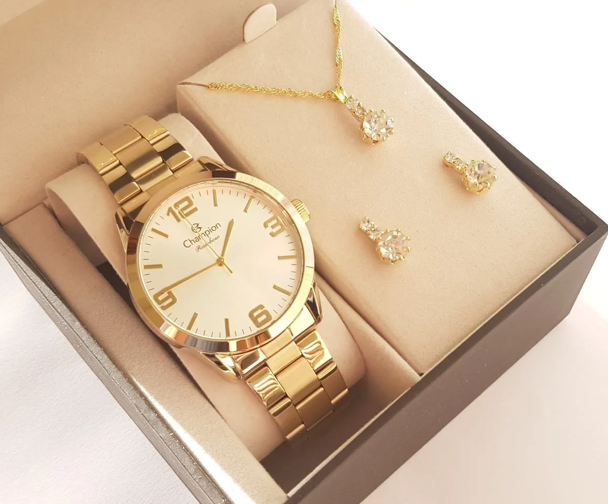 Relógio Champion Feminino Dourado Prova D´Agua + Kit de Brincos e Colar Garantia De Um Ano - 4