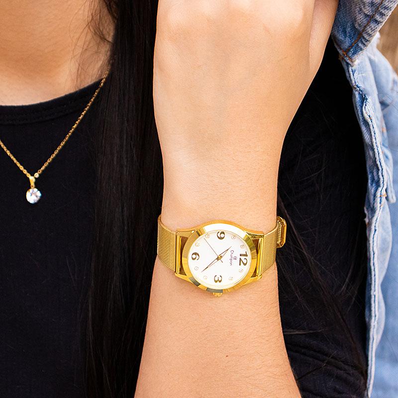 Relógio Feminino Champion Analógico Dourado CN29098W + Kit de Brincos e Colar - 2