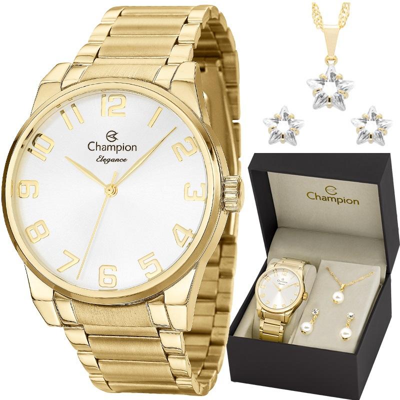 Relógio Feminino Dourado Champion Elegance CN27652W Prova D Agua + Colar e Brincos - 7