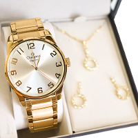 Relógio Feminino Dourado Champion Elegance CN27652W Prova D Agua + Colar e Brincos - 1