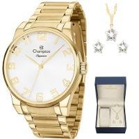 Relógio Feminino Dourado Champion Elegance CN27652W Prova D Agua + Colar e Brincos - 8