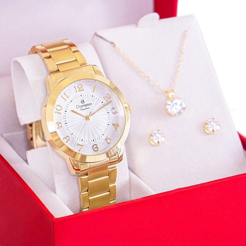 Relógio Feminino Dourado Champion Elegance CN25118W Prova D Agua + Colar e Brincos - 1