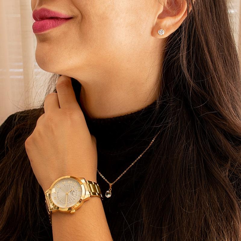 Relógio Feminino Dourado Champion Elegance CN25118W Prova D Agua + Colar e Brincos - 3