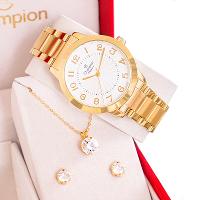 Relógio Feminino Dourado Champion Elegance CN25118W Prova D Agua + Colar e Brincos - 5