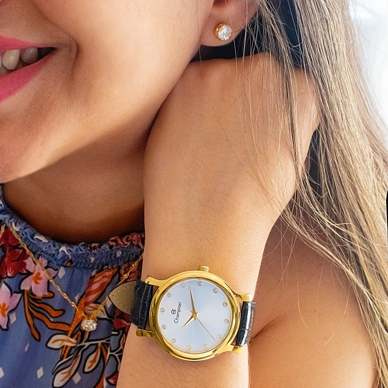 Relógio de Pulso Feminino Champion Couro CH22733B Colar e Brincos - 4
