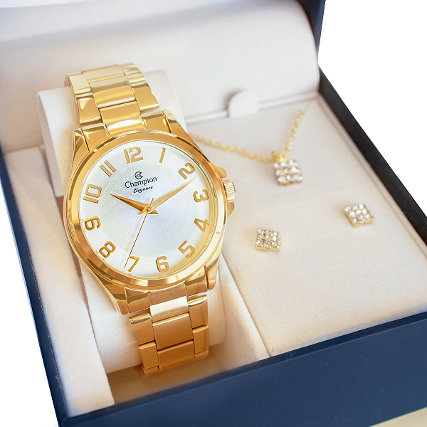 Relógio Champion Feminino Dourado Prova D´Agua CN26377W Colar e Brincos - 1